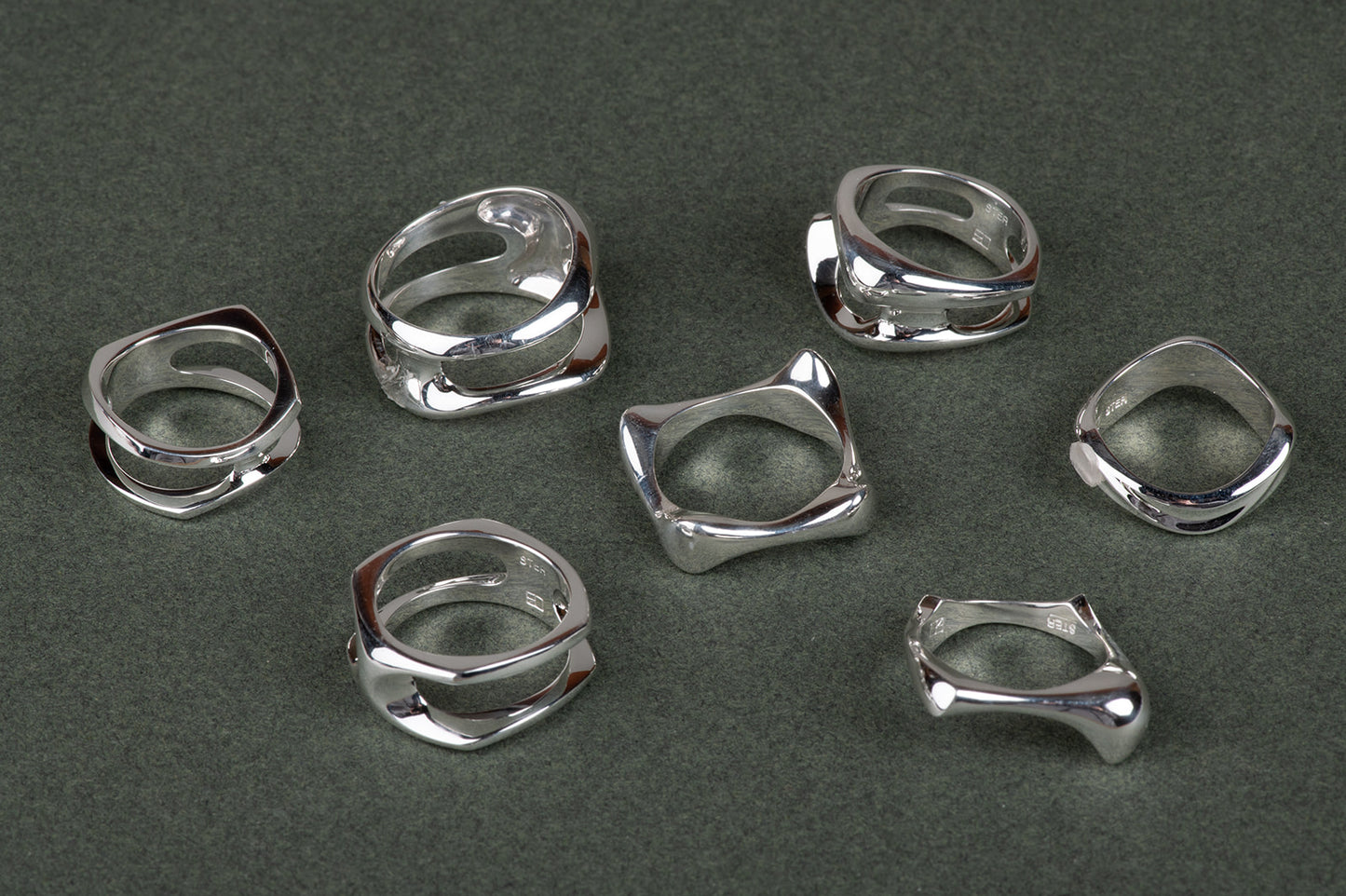 modernist abstract sterling silver rings à la Henry Moore